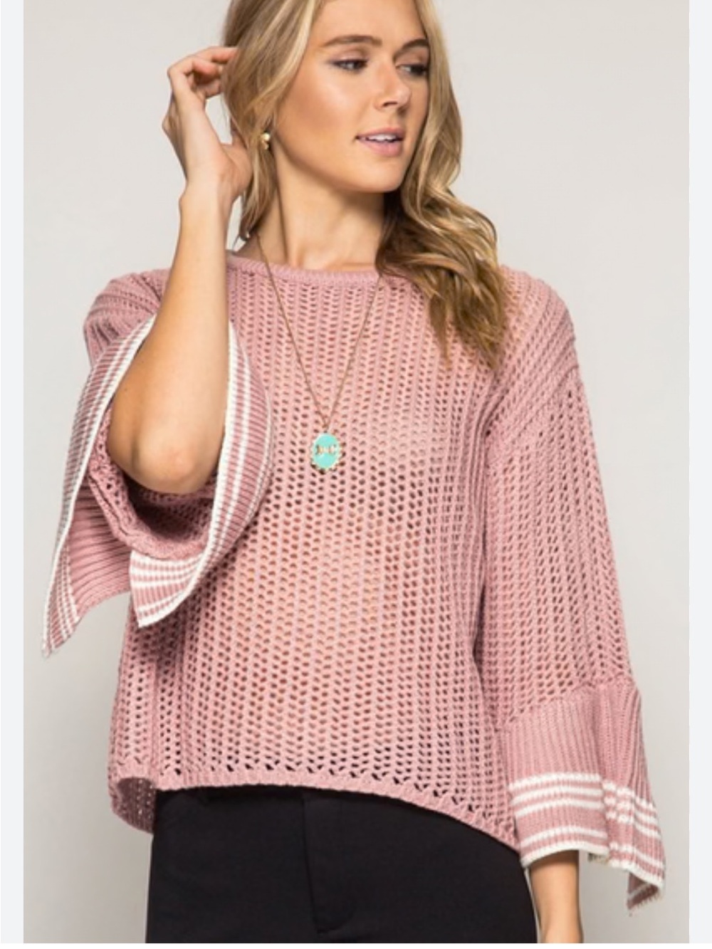 She + Sky Bell Sleeve Crochet Knit Sweater Mauve